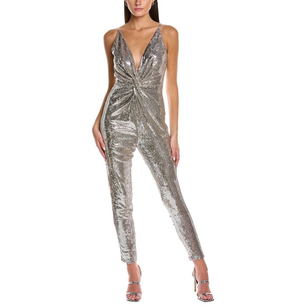 Halston Womens  Mariah Sequin Jumpsuit, Grey